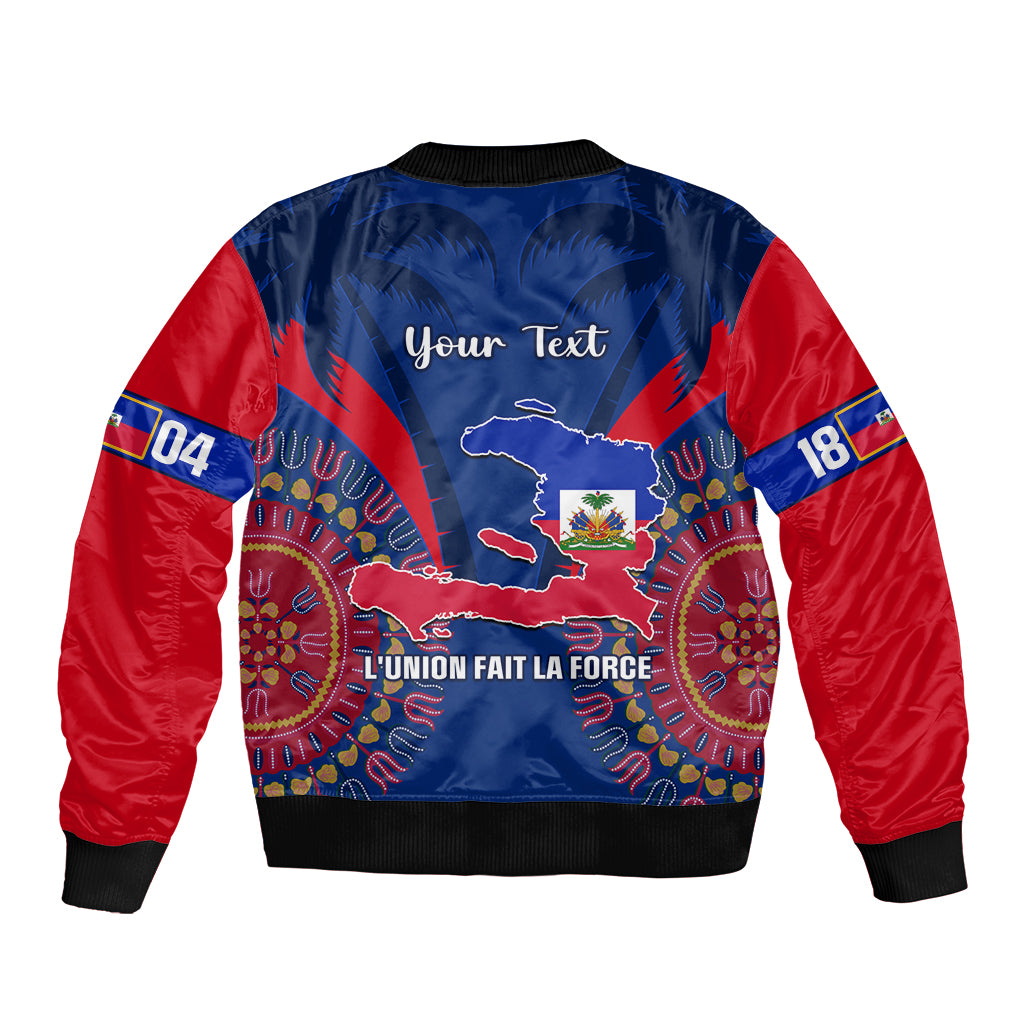 Blue and red bomber jacket back print with Haiti map and Your Text, ribbed hem