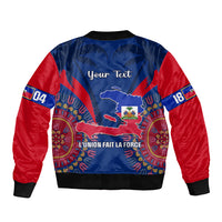 Blue and red bomber jacket back print with Haiti map and Your Text, ribbed hem