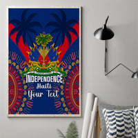Blue framed canvas wall art with Independence Haiti typography, palm and dashiki pattern