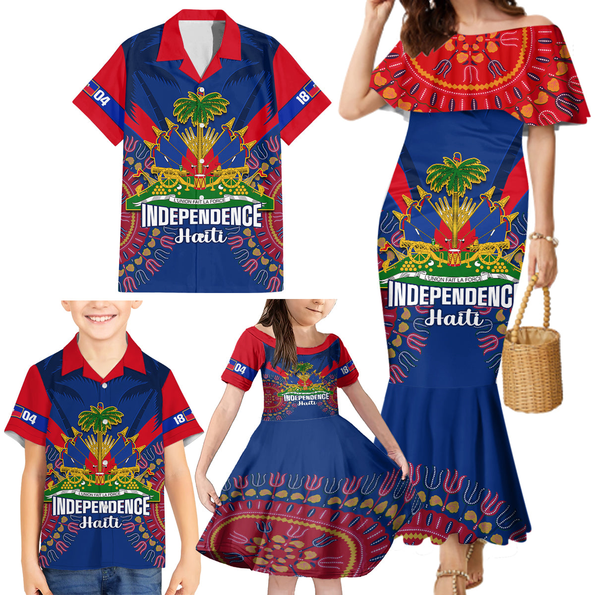 Personalised Haiti Independence Day Family Matching Mermaid Dress and Hawaiian Shirt Ayiti 220th Anniversary With Dashiki Pattern - Wonder Print Shop