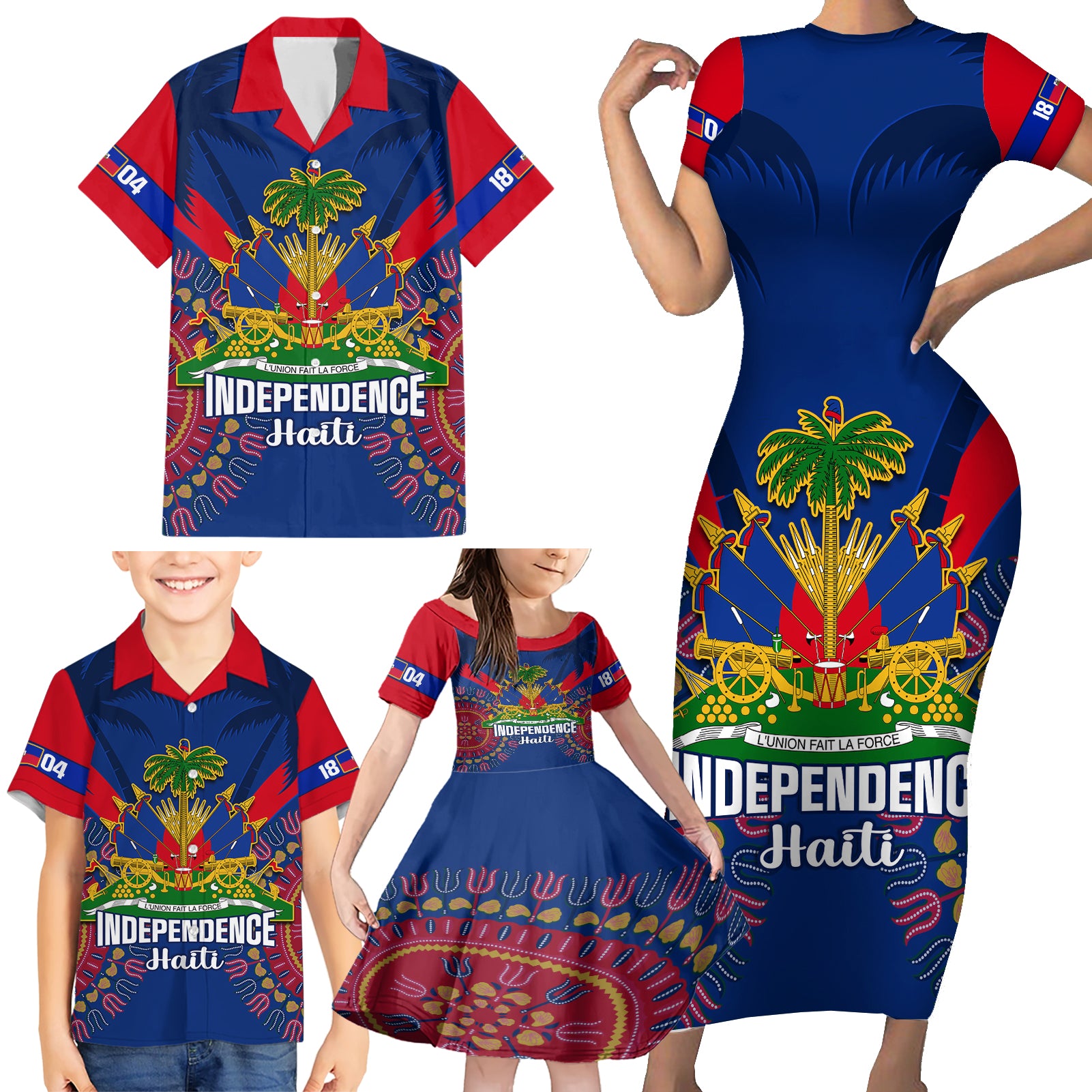 Personalised Haiti Independence Day Family Matching Short Sleeve Bodycon Dress and Hawaiian Shirt Ayiti 220th Anniversary With Dashiki Pattern - Wonder Print Shop