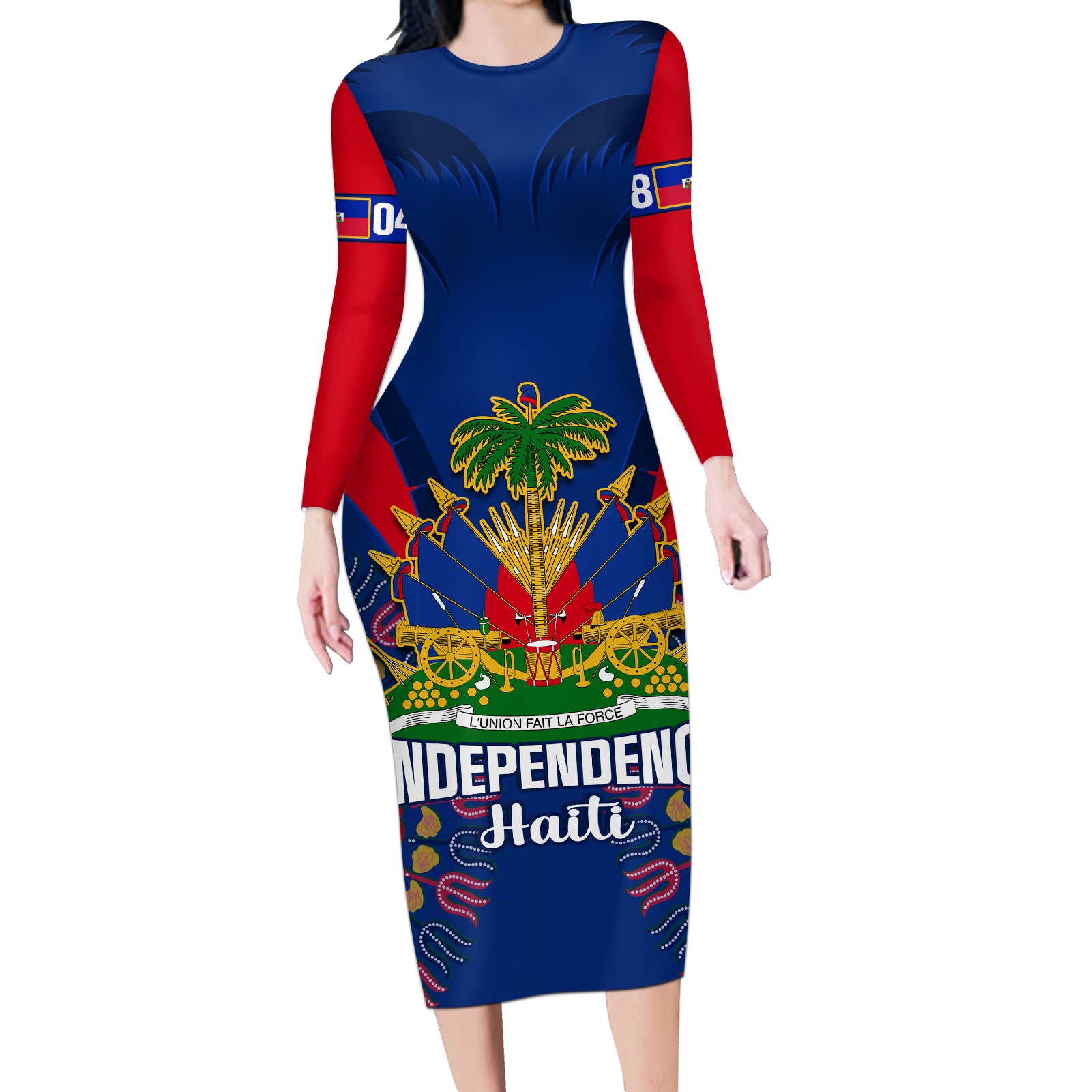 Personalised Haiti Independence Day Long Sleeve Bodycon Dress Ayiti 220th Anniversary With Dashiki Pattern - Wonder Print Shop