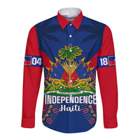Blue and red long-sleeve button shirt with Independence emblem and Haiti print