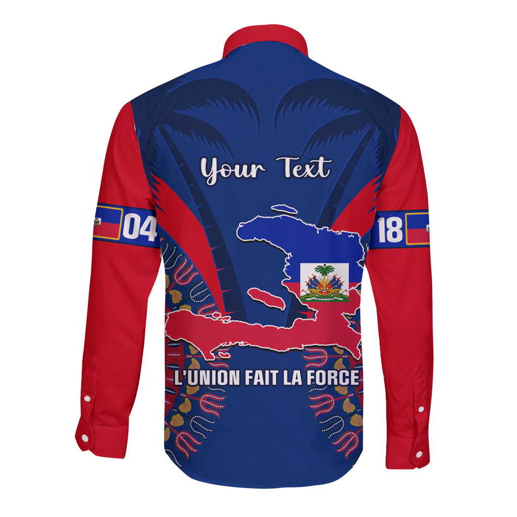 Blue and red long-sleeve button shirt back with Haiti map and "Your Text"
