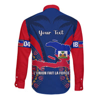Blue and red long-sleeve button shirt back with Haiti map and "Your Text"