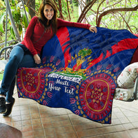 Personalized Haiti independence day quilt held outdoors, blue and red dashiki pattern