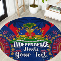 Blue round carpet with red border, palm tree emblem and 'Independence Haiti' with 'Your Text'