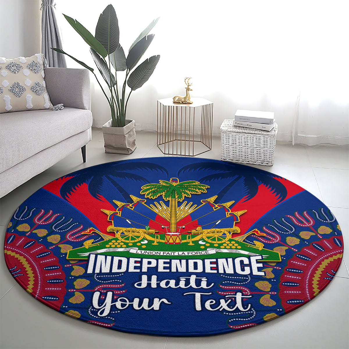 Blue round carpet featuring palm tree center, dashiki-style border, and 'Independence Haiti' text