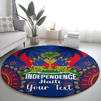 Blue round carpet featuring palm tree center, dashiki-style border, and 'Independence Haiti' text