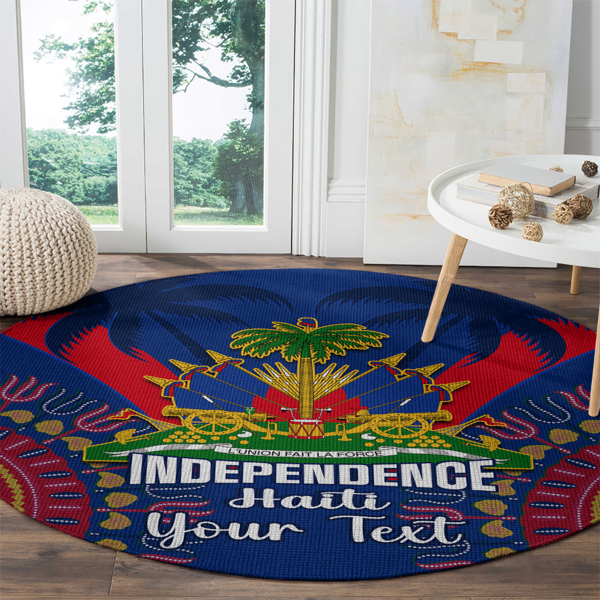 Blue round carpet close-up with palm tree graphic, red patterned border, and 'Independence Haiti'