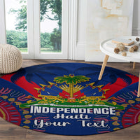 Blue round carpet close-up with palm tree graphic, red patterned border, and 'Independence Haiti'