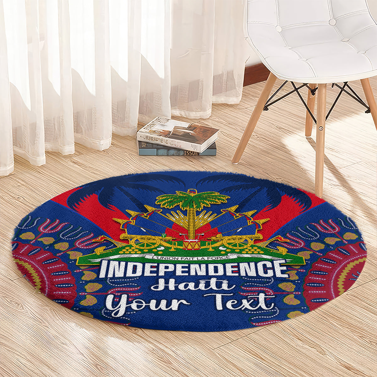 Blue round carpet on wood floor with red border, palm emblem, and 'Independence Haiti' with 'Your Text'