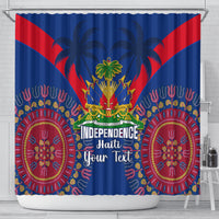 Shower curtain with bold blue-and-red design, palm trees, crest, and 'Independence Haiti'.
