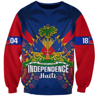 Unisex crewneck sweatshirt, blue with red sleeves, Independence Haiti front graphic