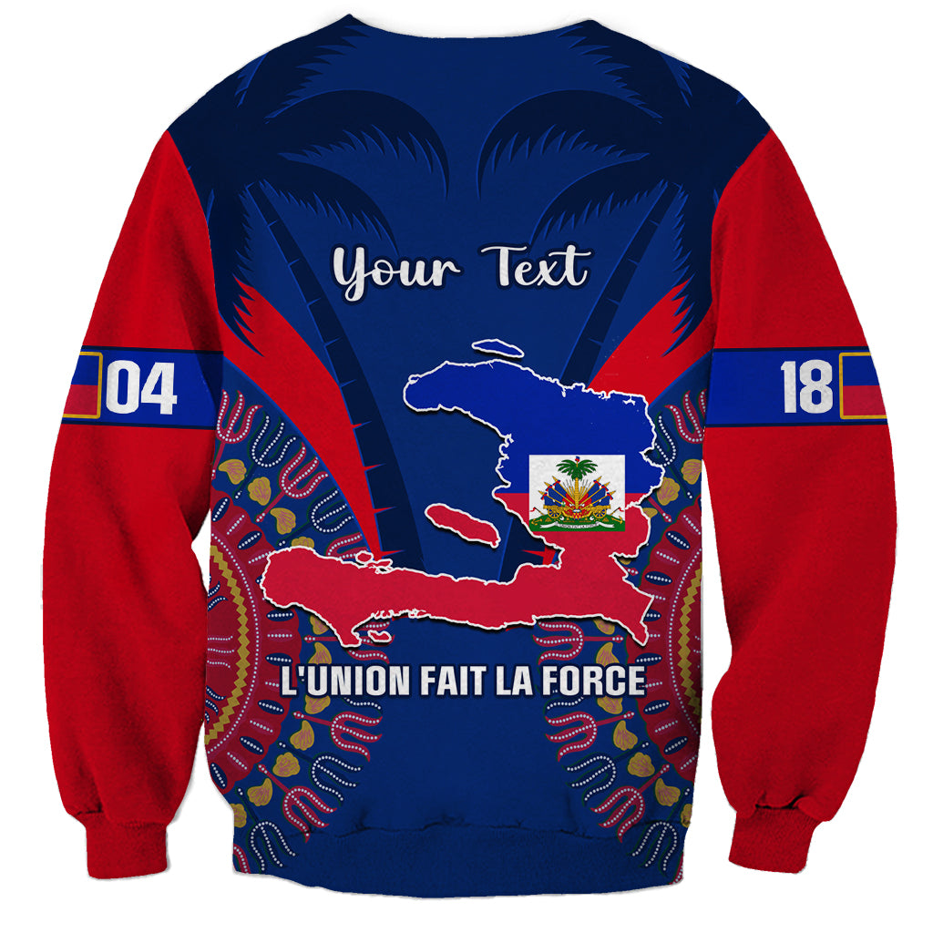 Unisex crewneck sweatshirt, blue with red sleeves, Your Text map graphic