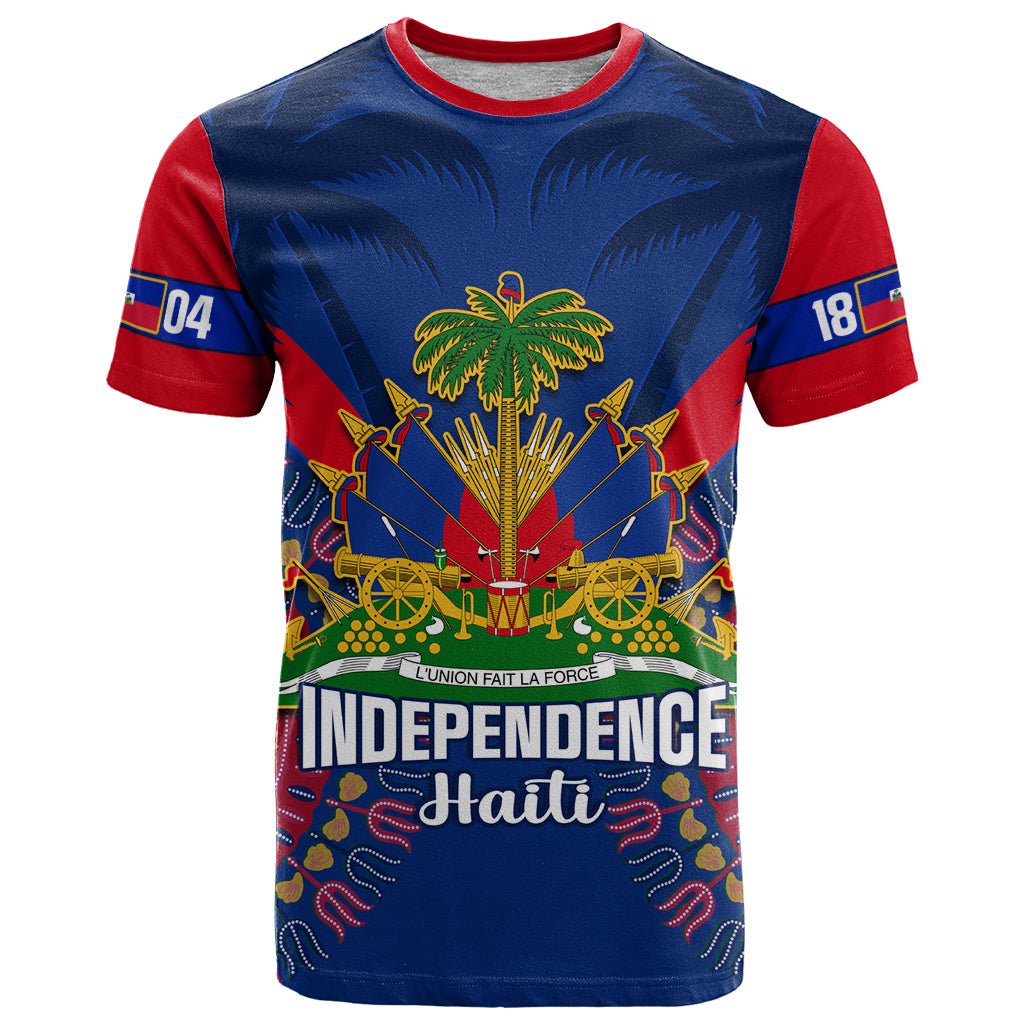 Personalized Haiti Independence Day T-shirt, blue with red trim, 'Independence Haiti' front graphic