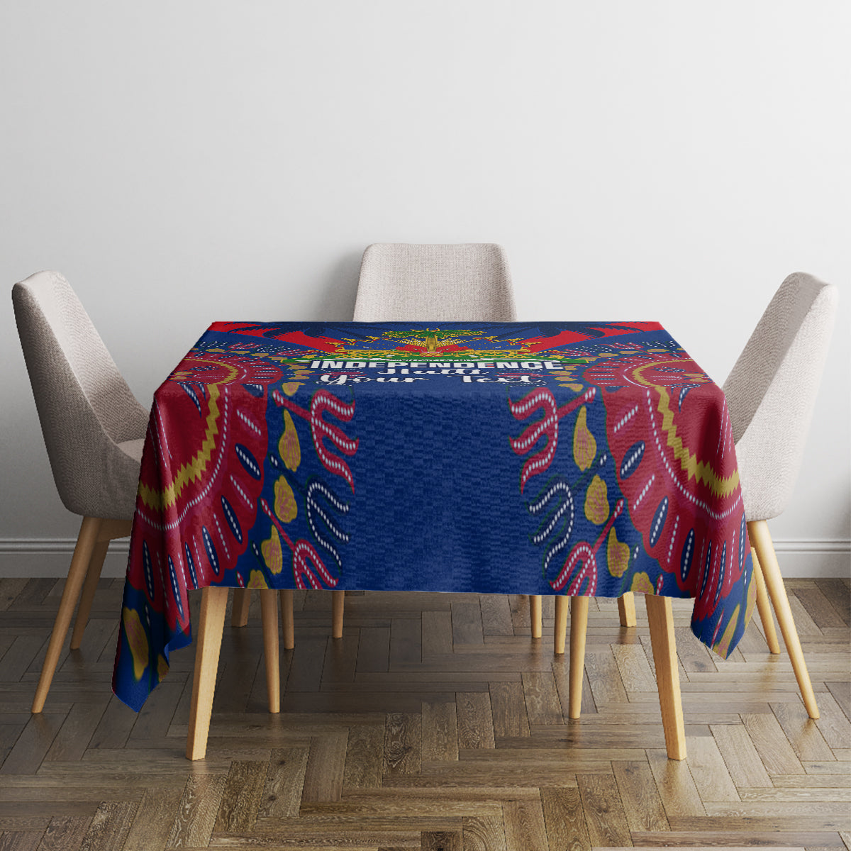 Blue and red dashiki-pattern tablecloth on dining table with four chairs