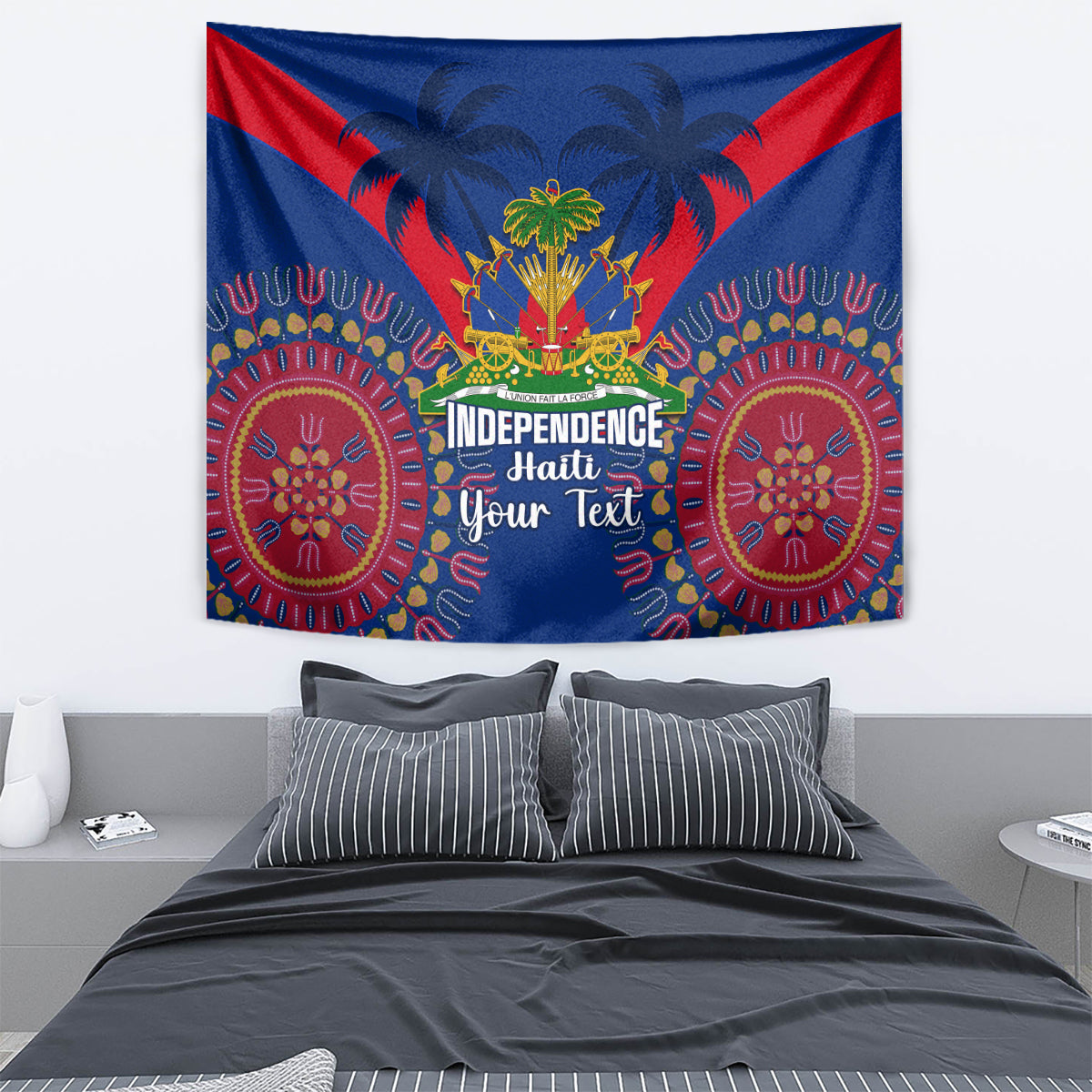 Blue Haiti independence tapestry with palm trees, red accents, and “Your Text” center design
