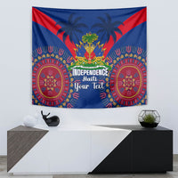 Blue Haiti independence tapestry with palms, red triangular borders, and round medallion patterns