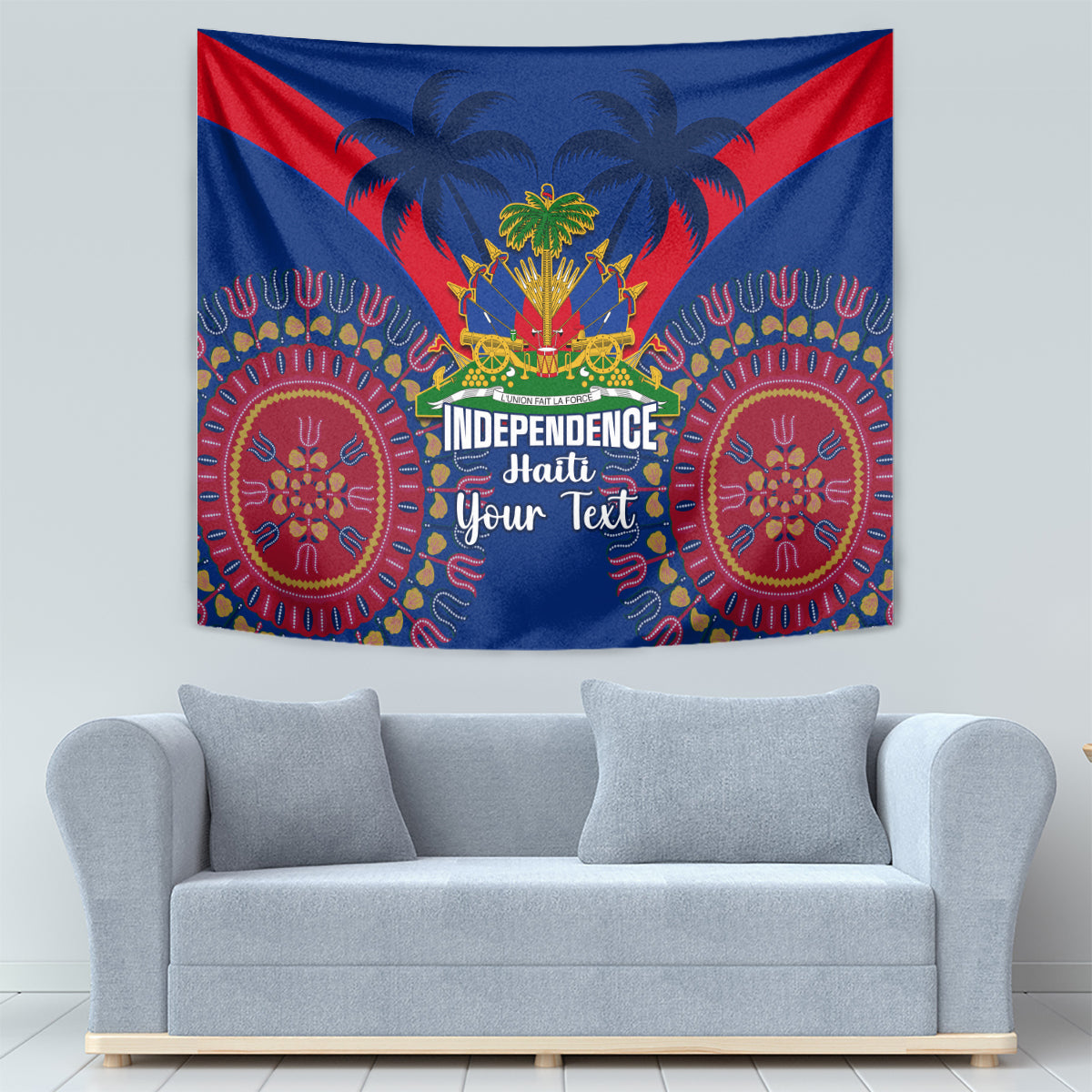 Blue Haiti independence tapestry featuring palms, red corner triangles, and bold “Independence” text
