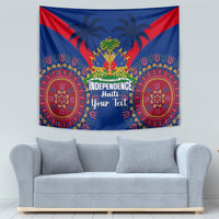 Blue Haiti independence tapestry featuring palms, red corner triangles, and bold “Independence” text