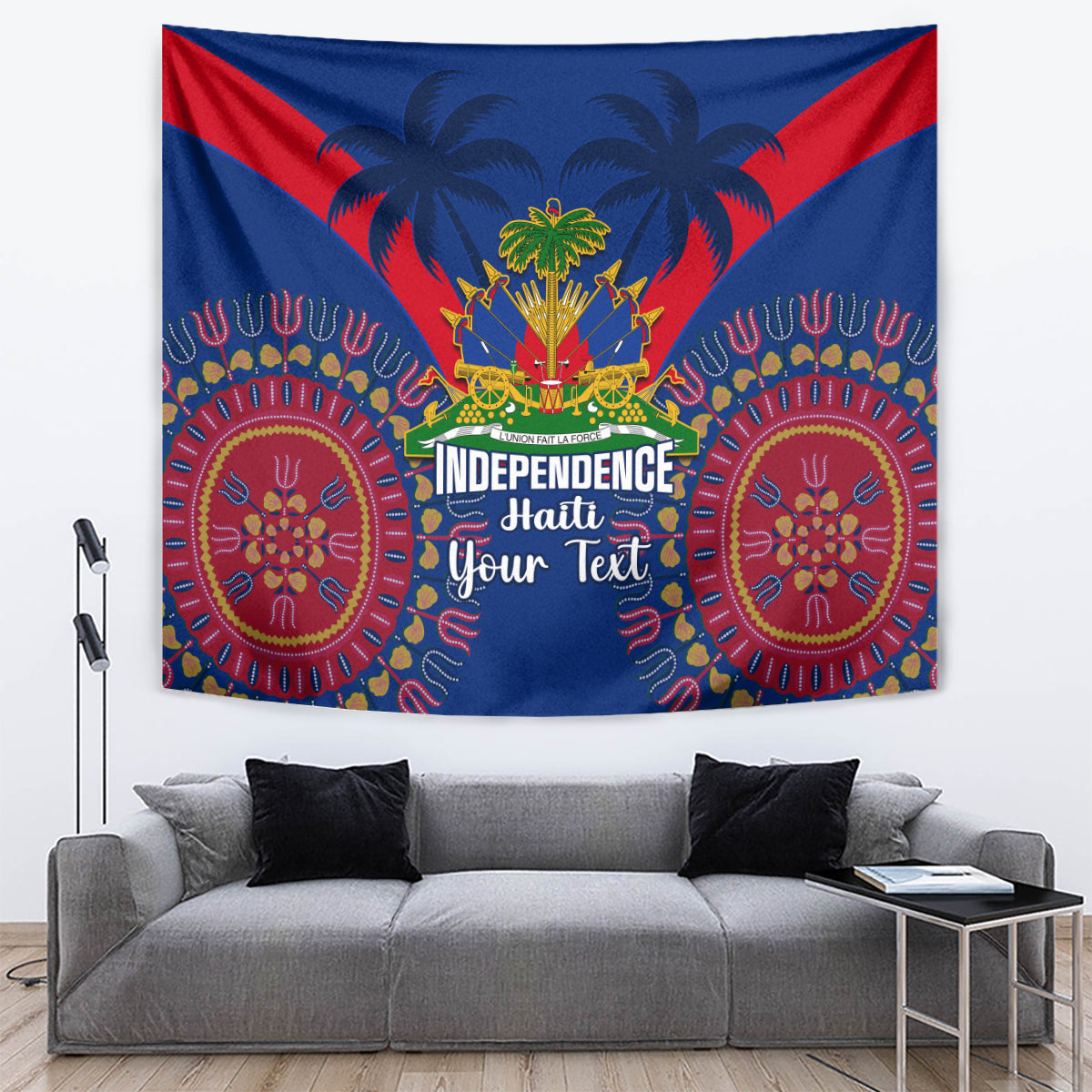 Blue Haiti independence tapestry with red accents, palm trees, and “Your Text” in white script