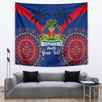 Blue Haiti independence tapestry with red accents, palm trees, and “Your Text” in white script