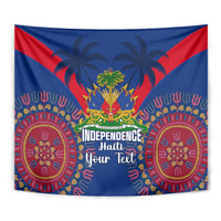 Blue Haiti independence tapestry close-up with palm trees, ornate gold crest, and “Your Text”