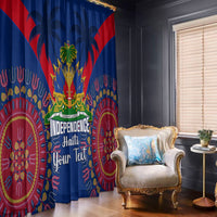 Blue window curtain with red diagonal panels, palm tree crest, and Independence Haiti text.