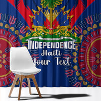 Blue curtain featuring Independence Haiti script, palm crest, and circular dashiki motifs.
