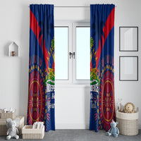 Blue window curtains with red diagonal panels, palm crest, and dashiki circles in maroon.