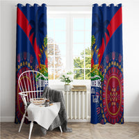 Blue window curtains with red diagonal panels and Independence Haiti text over dashiki motifs.
