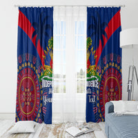 Blue window curtain set with red diagonal panels, Independence Haiti graphic, and patterned borders.