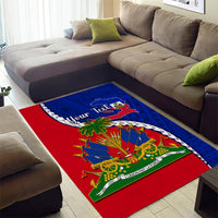 Area rug with circular Haiti emblem, red and blue pattern, and custom text