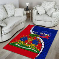Rectangular area rug featuring circular Haiti emblem, red-blue graphics, and custom text