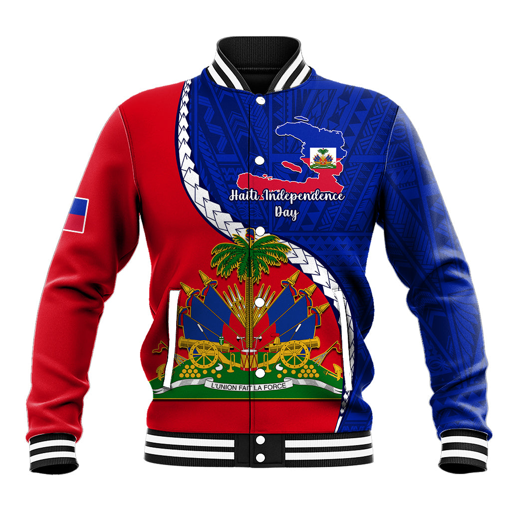 Personalised Haiti Independence Day Baseball Jacket Ayiti National Emblem With Polynesian Pattern - Wonder Print Shop