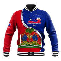 Blue and red baseball jacket with striped collar and Haiti independence emblem graphic