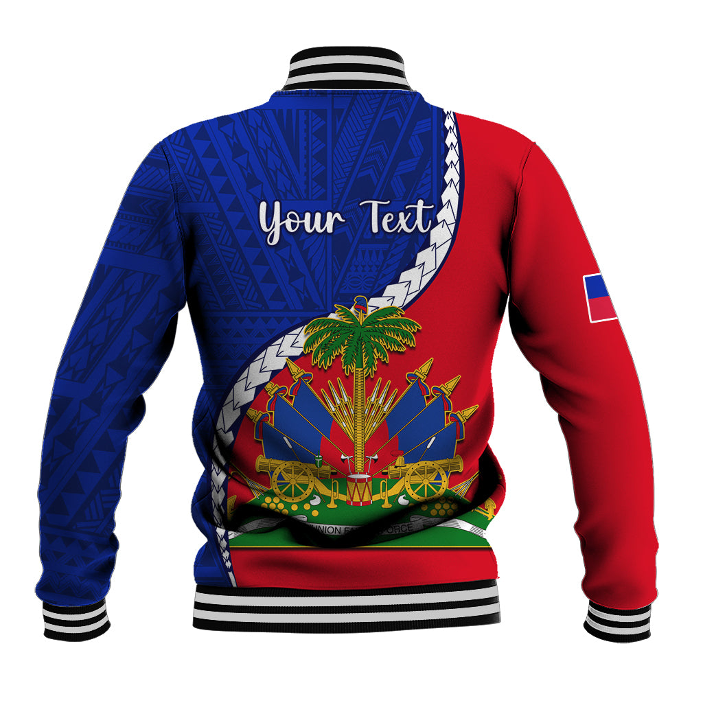 Back of blue and red baseball jacket with 'Your Text' and Haiti emblem graphic