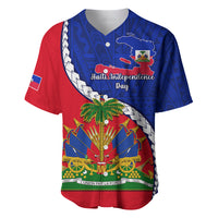Blue and red baseball jersey with Haiti Independence Day graphic and national emblem