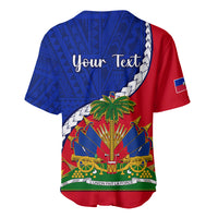 Blue and red baseball jersey with 'Your Text' on back and Haiti emblem design