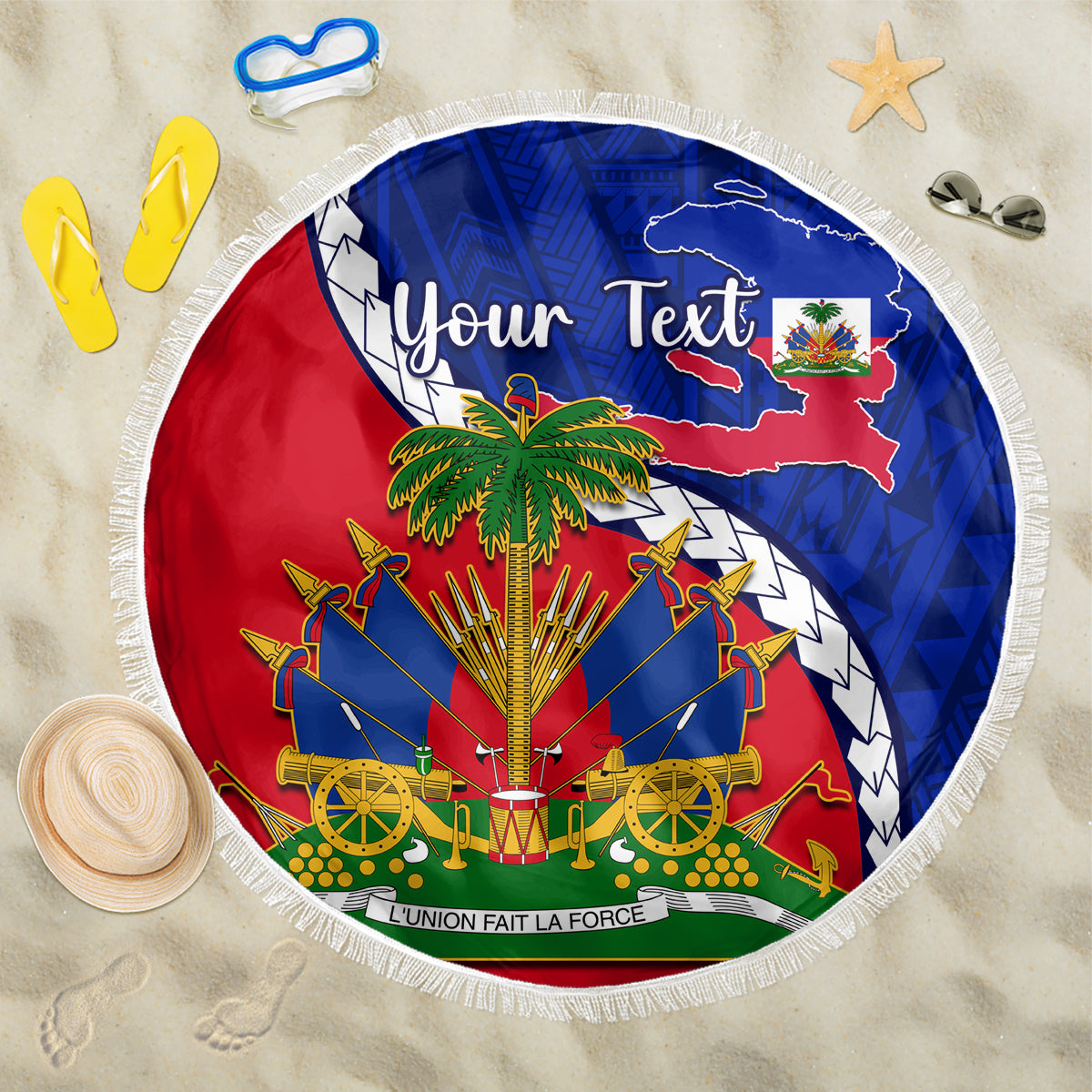 Round beach blanket with fringe: Haiti emblem and 'Your Text' on blue/red pattern