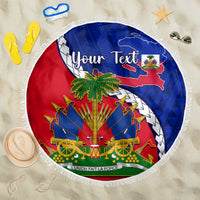 Round beach blanket with fringe: Haiti emblem and 'Your Text' on blue/red pattern
