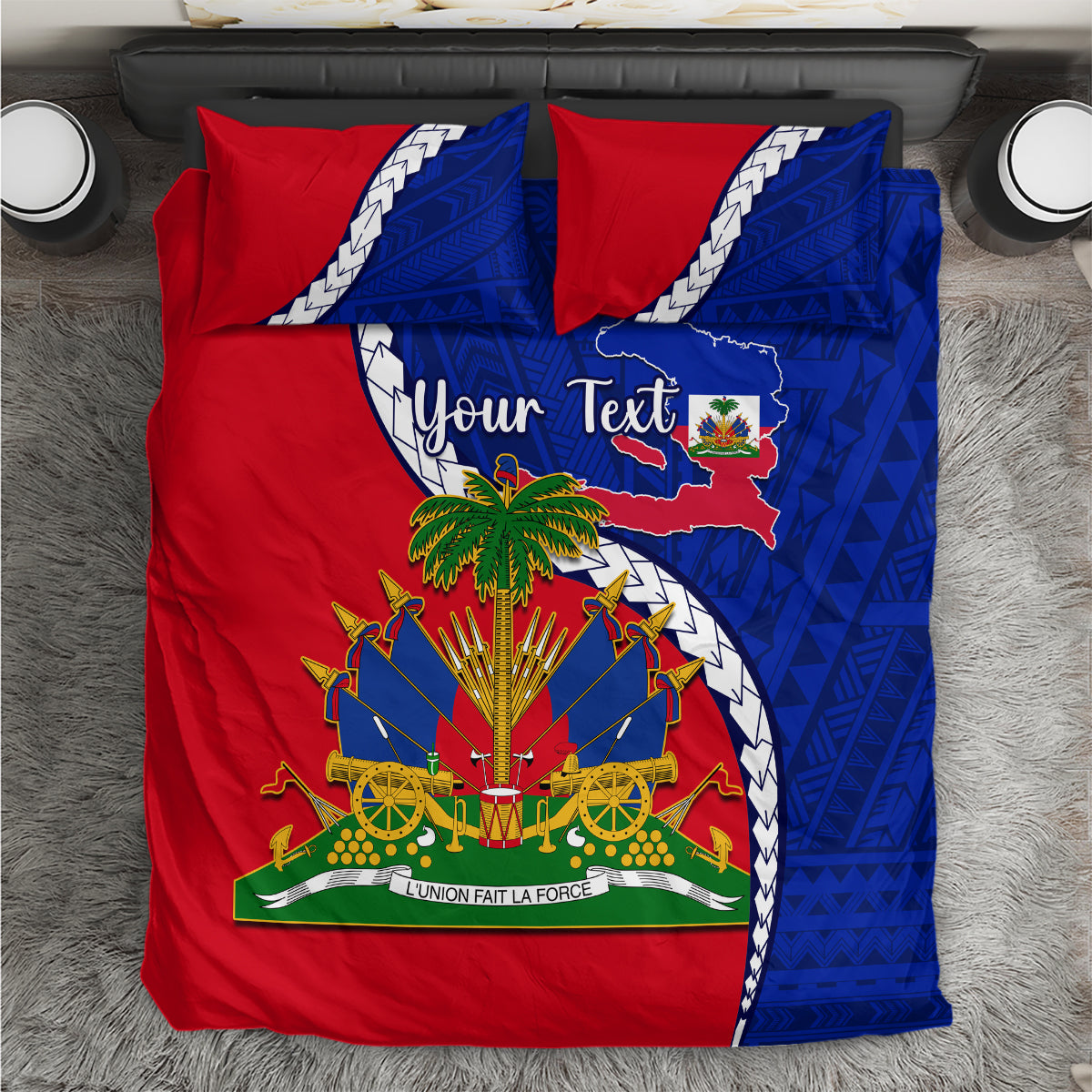 Haiti independence bedding set with red and blue emblem, polynesian pattern, two pillowcases
