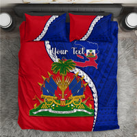 Haiti independence bedding set with red and blue emblem, polynesian pattern, two pillowcases