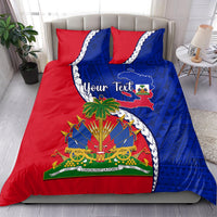 Haiti independence bedding set in red and blue with “Your Text” Haiti map and emblem, pillows