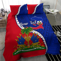 Haiti independence bedding set, red/blue quilted emblem with palms, cross, and “Your Text”