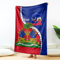 Two-tone red and blue Haiti emblem blanket with Polynesian pattern and custom text area