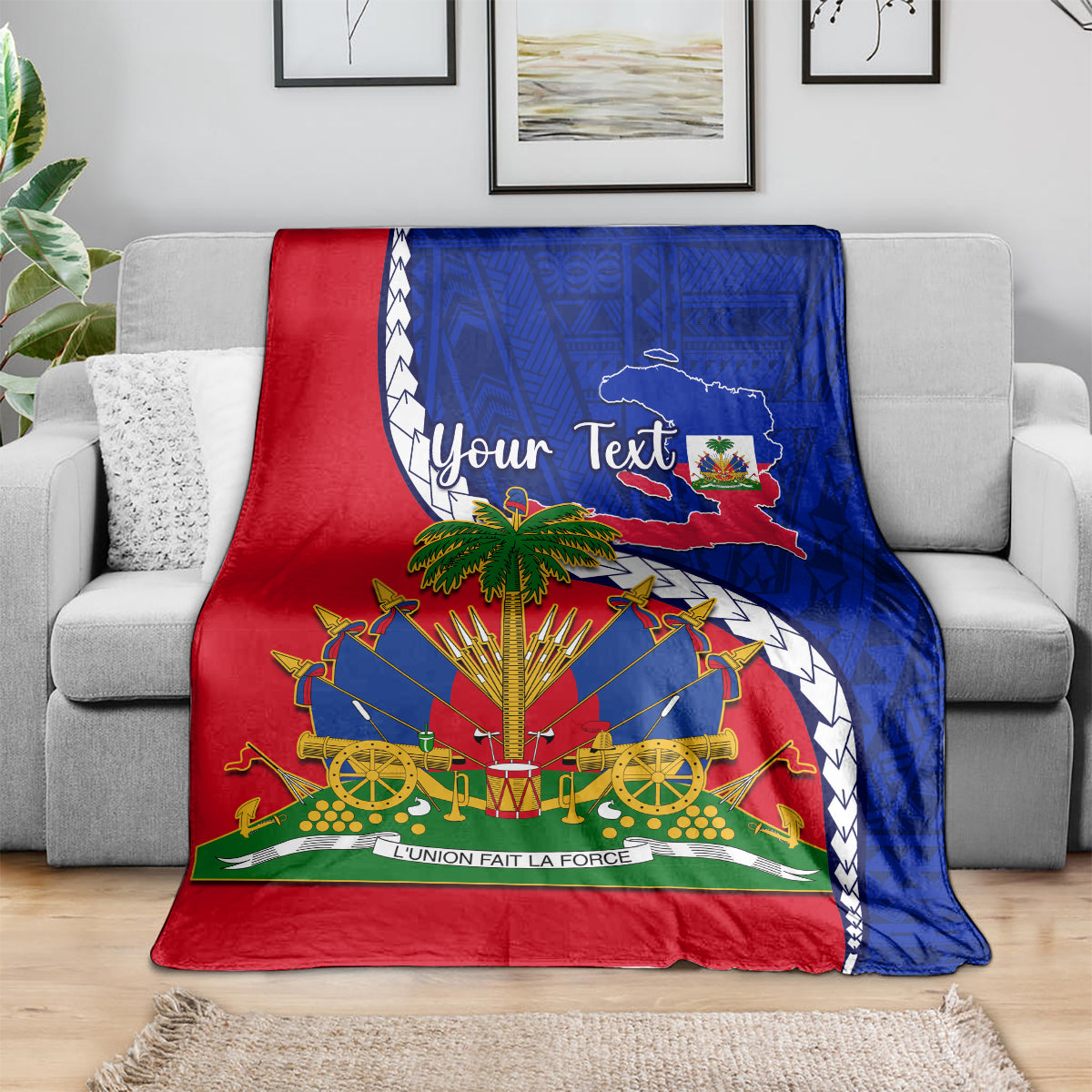 Red and blue Haiti emblem throw blanket with palm, drums, and decorative border pattern