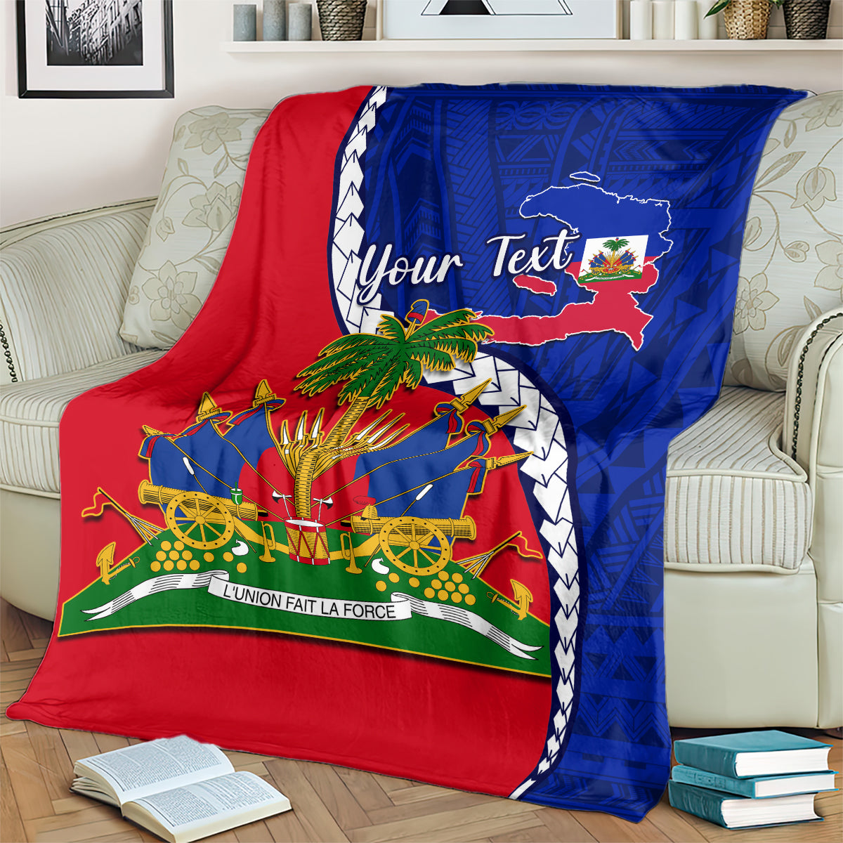 Red and blue Haiti emblem blanket draped on sofa with palm tree and drums design
