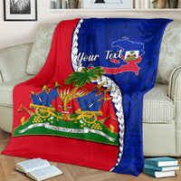 Red and blue Haiti emblem blanket draped on sofa with palm tree and drums design